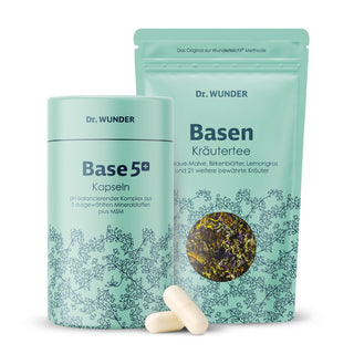 Dr. Wunder Basen Minikur Kapseln – Base5+ Dose und Basen Kräutertee Standbeutel mit losen Kräutern