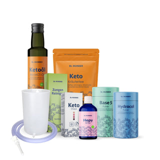 Fast-to-Keto BOX Basic – Produktübersicht mit Ketoöl, Keto-Kräutertee, Zungen-Reiniger, Mundöl, Hepy, Base5 und Hydrocol