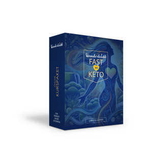 Wunderleicht Fast2Keto-Kur – dunkelblauer 3D-Kurspaket-Mockup mit abstrakter Fraünfigur und goldener Herzform, Online-Kur...