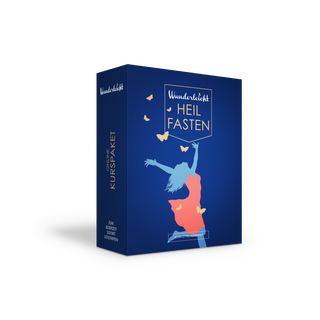 Wunderleicht Heilfasten-Kur – dunkelblauer 3D-Kurspaket-Mockup mit springender Fraünsilhoütte und Schmetterlingen, Onlin...