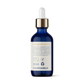 Dr. Wunder D3+K2 Superior Duo – Rückseite der blauen 30-ml-Flasche mit Hinweistexten und drwunder.at
